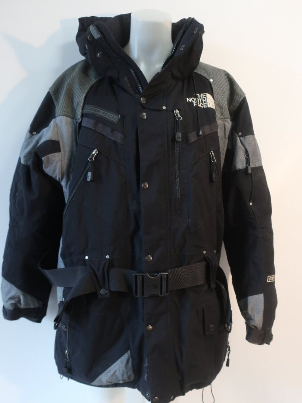 Mens The North Face Steep Tech Black Grey Hooded Belted Ski Parka Jacket Coat L
